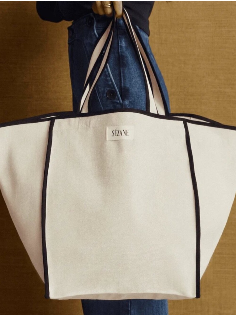 NWOT Sézane Cream Canvas Tote with Black Trim - Picture 1 of 1
